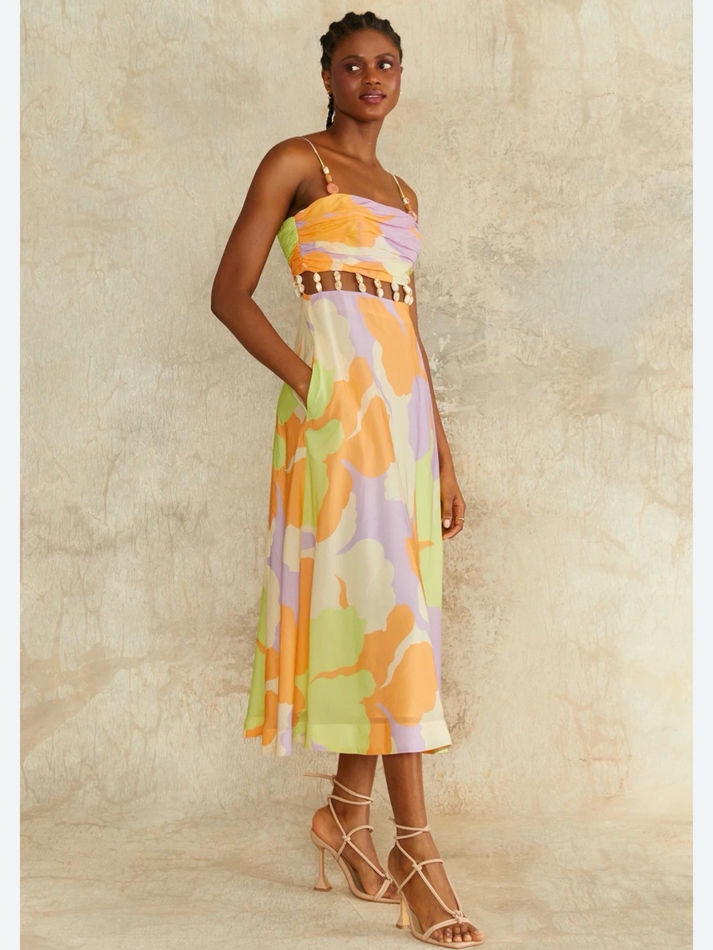 AMUR Pastel Orange Lavender Green Cutout Midi Dress
